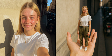 Side-by-side photos of a young woman with long blonde hair and a white shirt: a normal selfie on the left and a manipulated image on the right where she appears tiny, standing on a hand.