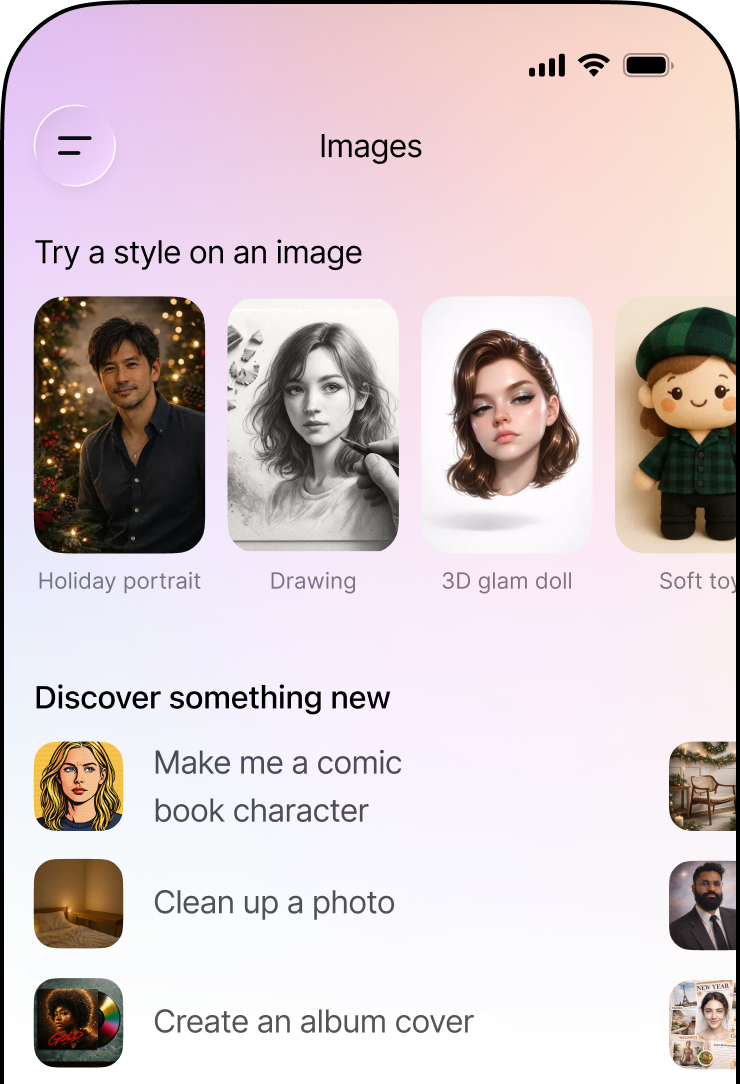 A mobile phone with an interface showing a list of image editing styles and transformation options.