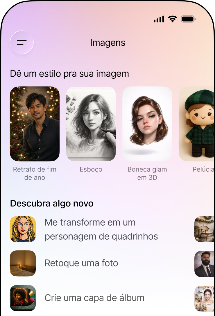 Um celular com uma interface mostrando uma lista de estilos de edição de imagem e opções de transformação.