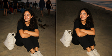 A woman wearing a black shirt and pants with white shoes sitting on a beach next to a white tote bag, shown side-by-side with and without a crowd of people in the background.