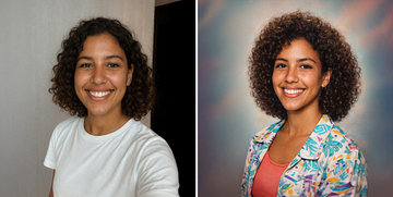 A portrait of a smiling woman with shoulder-length hair next to a stylized picture of the same woman presented in the style of a 1980s yearbook photo.