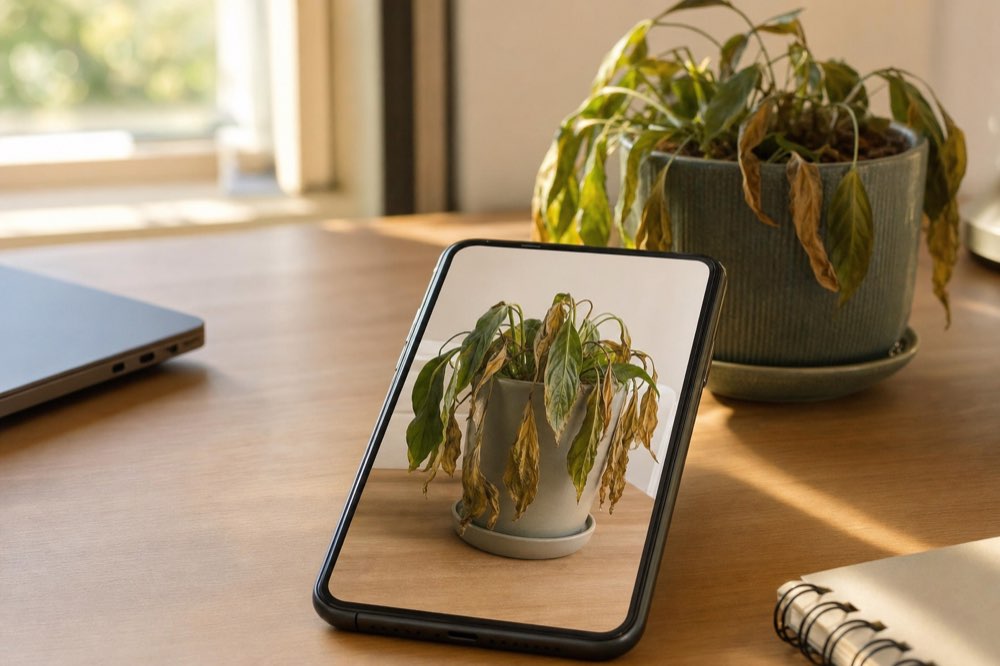 A phone on a sunlit desk showing a photo of a wilting plant, suggesting using an image to ask ChatGPT for help.