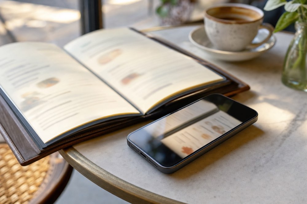 A smartphone beside a restaurant menu on a café table, suggesting photo translation while traveling.