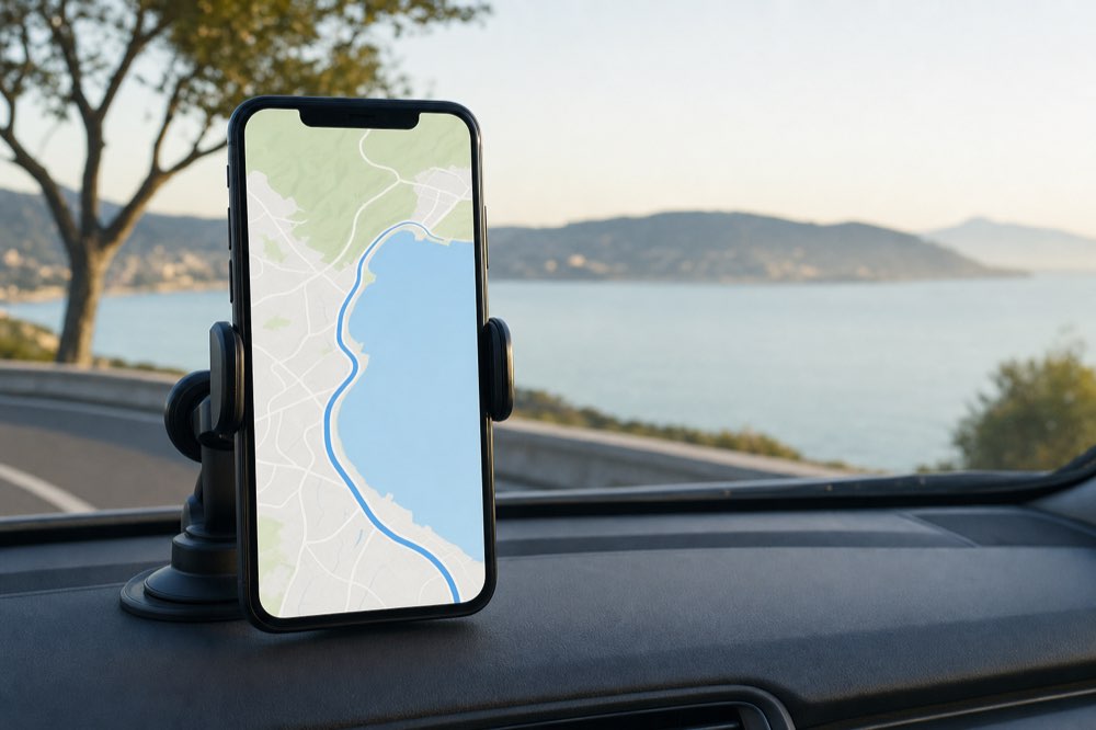 Telefon w zaparkowanym aucie wyświetla nadmorską trasę wzdłuż zatoki, sugerując, że podróżny sprawdza drogę przed ruszeniem.