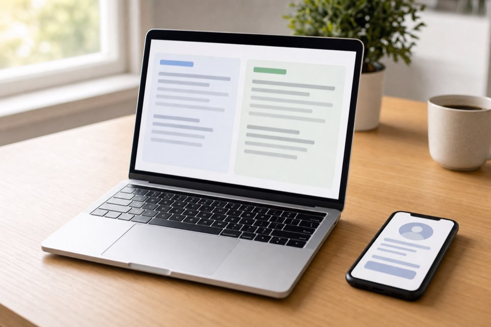 A laptop with a short promotional draft beside a phone showing a digital contact card, suggesting adapting a message for Mexican Spanish.