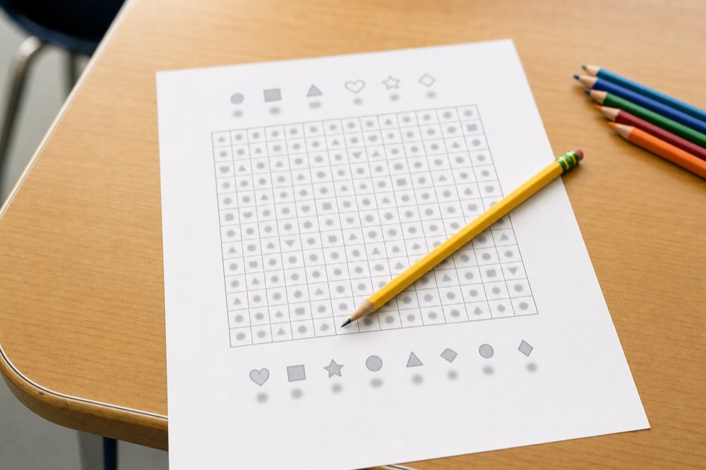 Lembar kerja teka-teki kata sederhana dan sebuah pensil di meja kelas, menunjukkan aktivitas kosakata yang diubah menjadi rencana pelajaran untuk anak-anak usia dini.