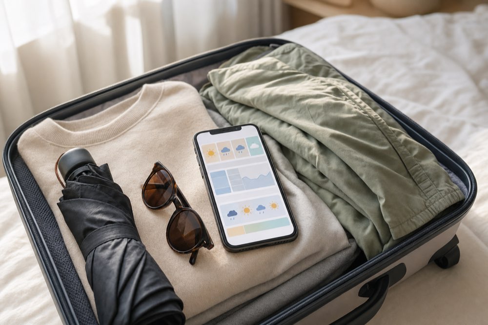 A traveler checks the weather on a phone beside an open notebook and a small suitcase, suggesting planning a trip around local conditions.