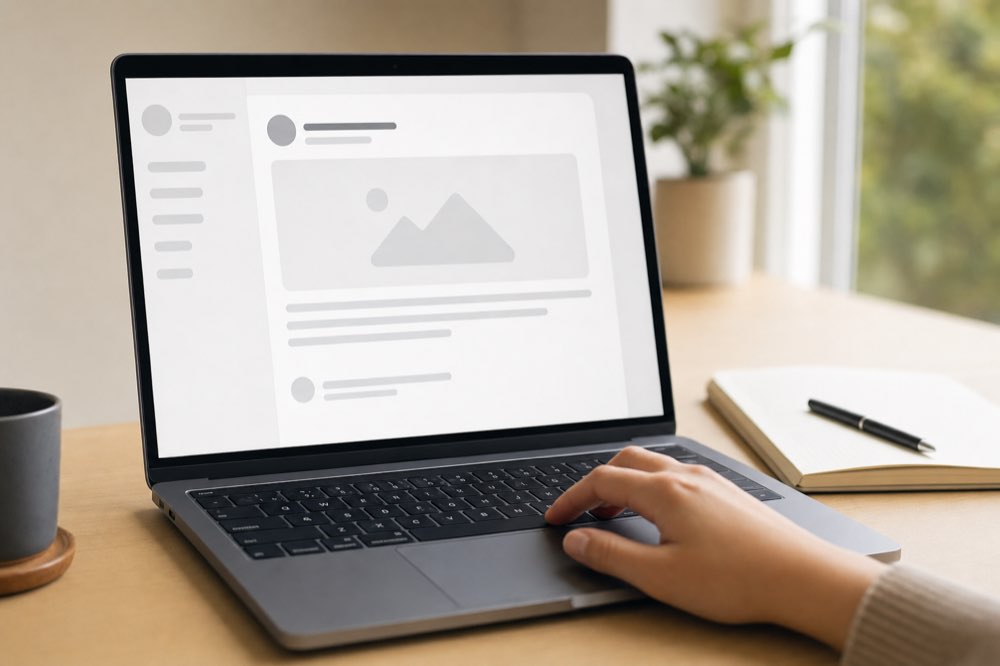 Na ekranie laptopa widać szkic posta w mediach społecznościowych z krótkim hasłem u góry i miejscem na podpis, co sugeruje użycie ChatGPT do napisania tekstu marketingowego przed publikacją.