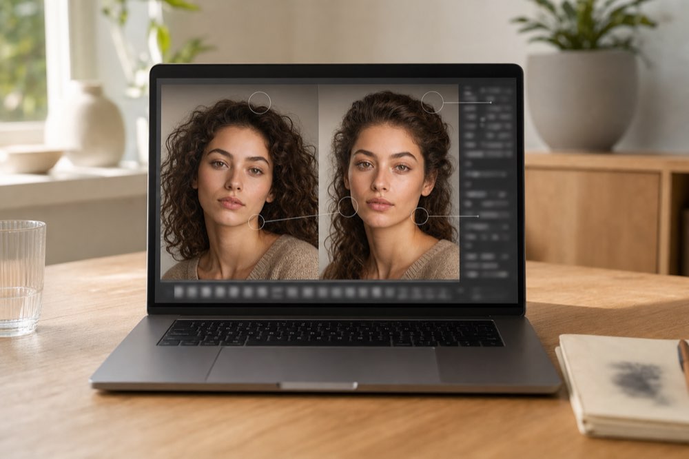 A laptop shows a portrait edit beside a reference photo, with a short note about making the face shape and combed-back curls match more closely.