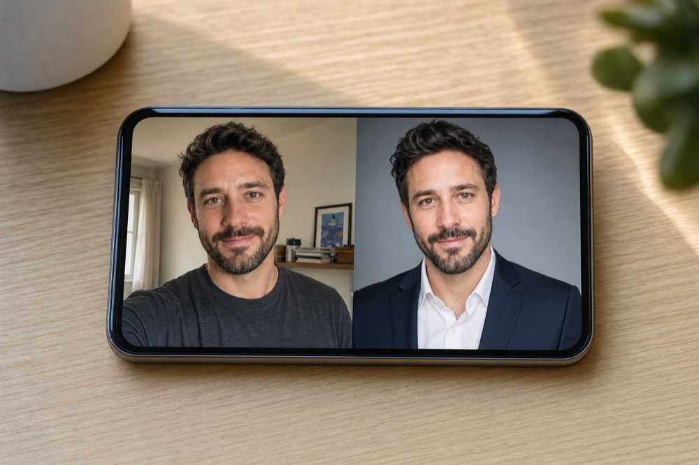 Przed i po selfie zmienionego w studyjny portret dzięki ChatGPT Images.