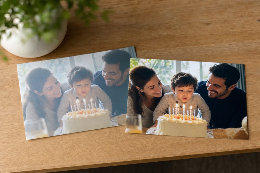 Before and after of a family birthday photo sharpened with ChatGPT Images.