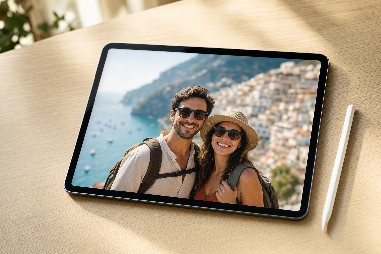 A tablet on a desk shows a vacation photo where the people are sharp and the background is softly blurred, suggesting a simple photo edit.