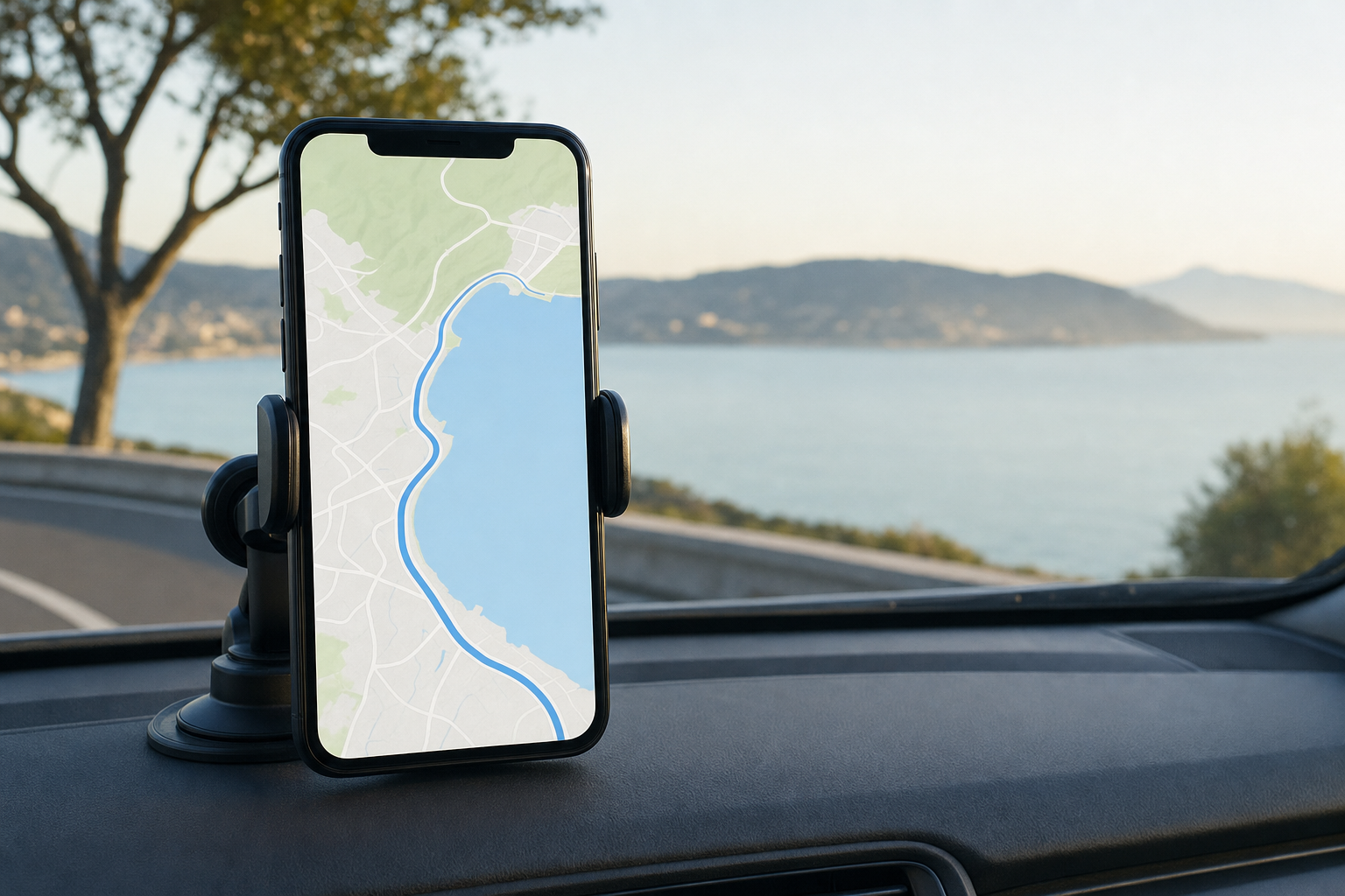 A phone in a parked car shows a coastal driving route along a bay, suggesting a traveler checking the route before starting a drive.