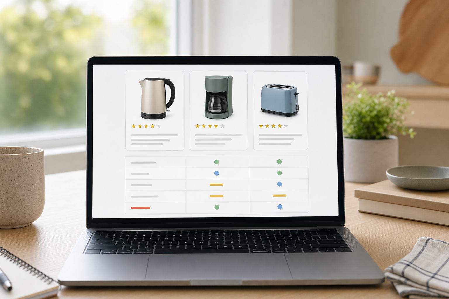 A laptop showing three unbranded product listings with star ratings and review snippets next to a simple comparison table, suggesting using reviews to narrow a shopping choice.