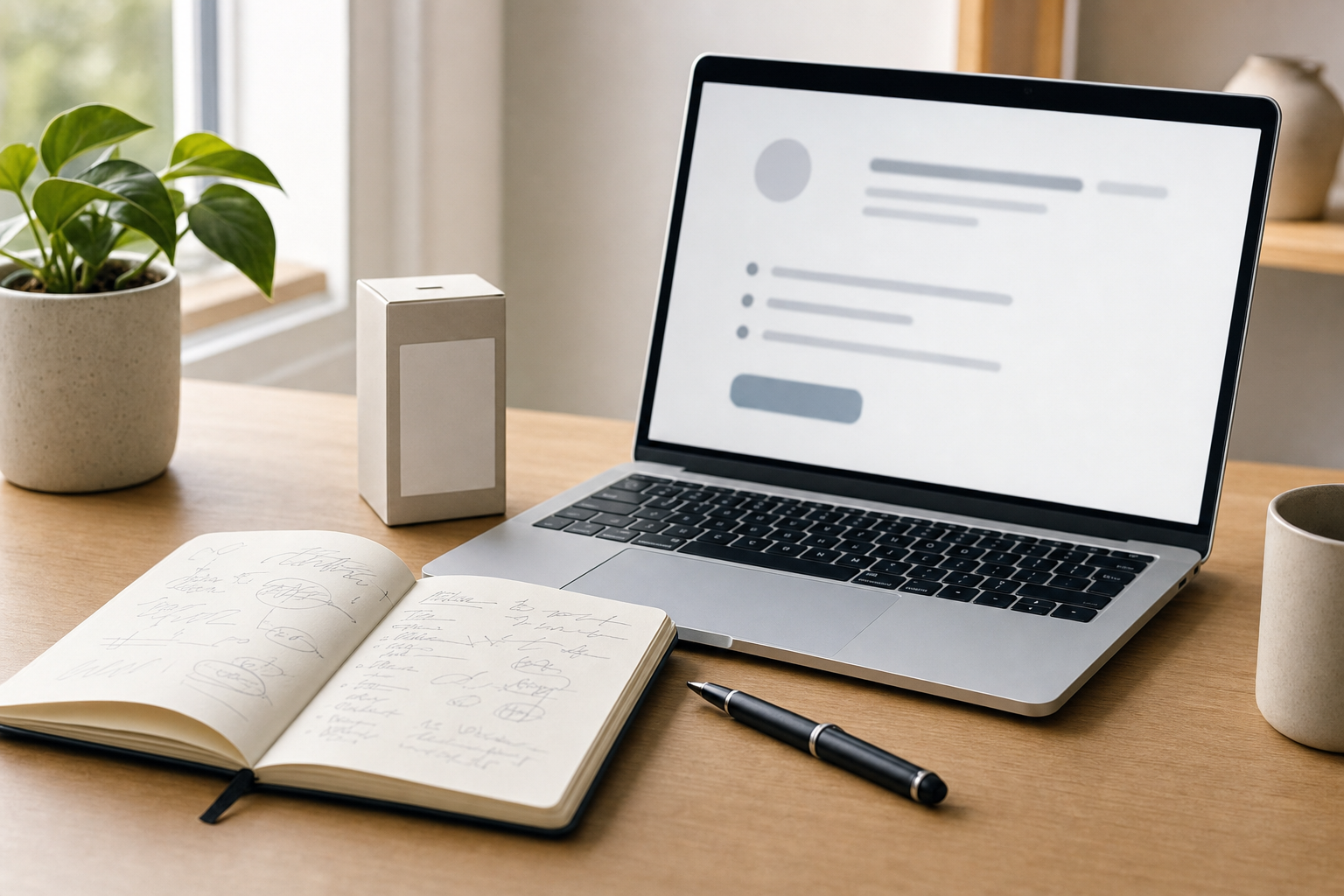 A realistic desk scene with rough product notes in a notebook beside a laptop showing a simple headline, benefit bullets, and a CTA draft.