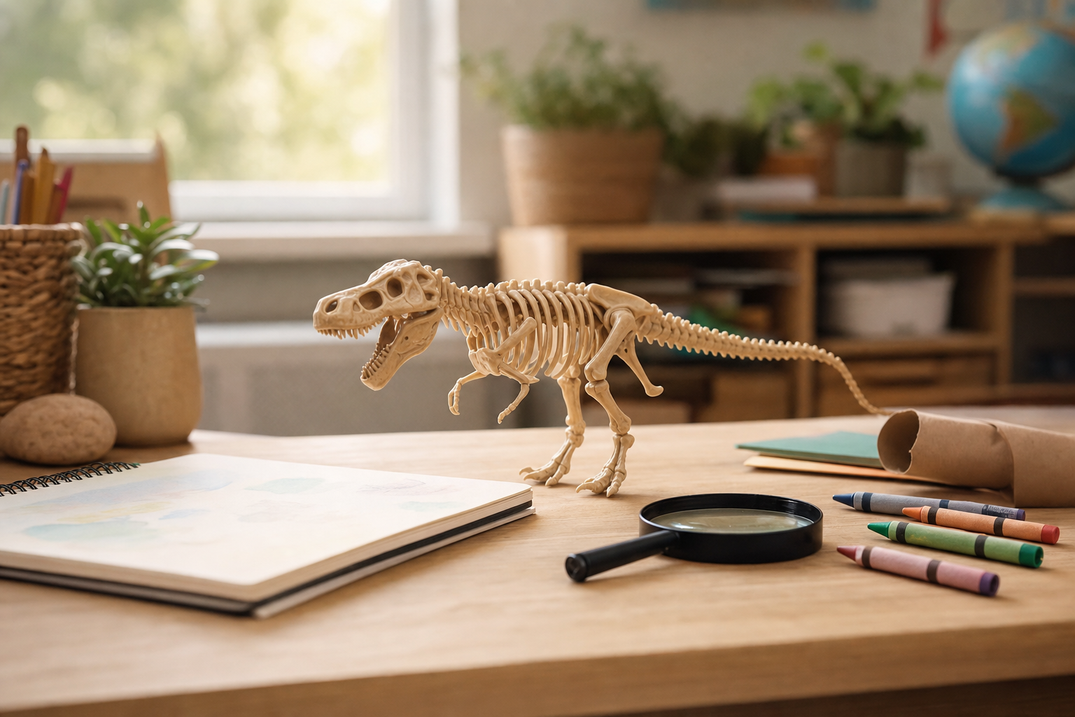 Meja guru dengan figur dinosaurus, buku catatan, krayon, dan perlengkapan kelas sederhana, yang menunjukkan rencana pelajaran ramah anak tentang fosil.