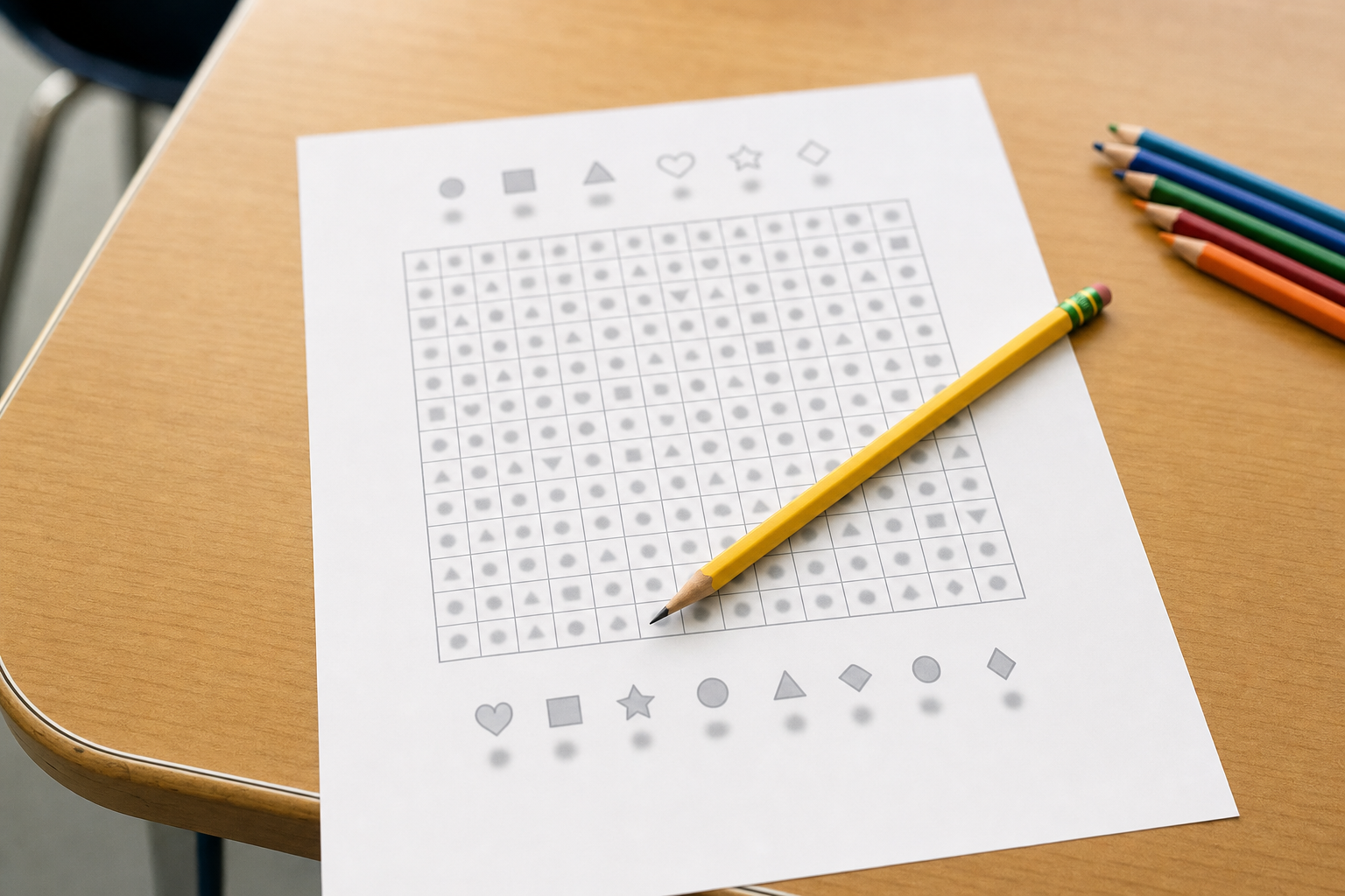 A simple word search worksheet and pencil on a classroom table, suggesting a vocabulary activity being turned into a lesson plan for young learners.