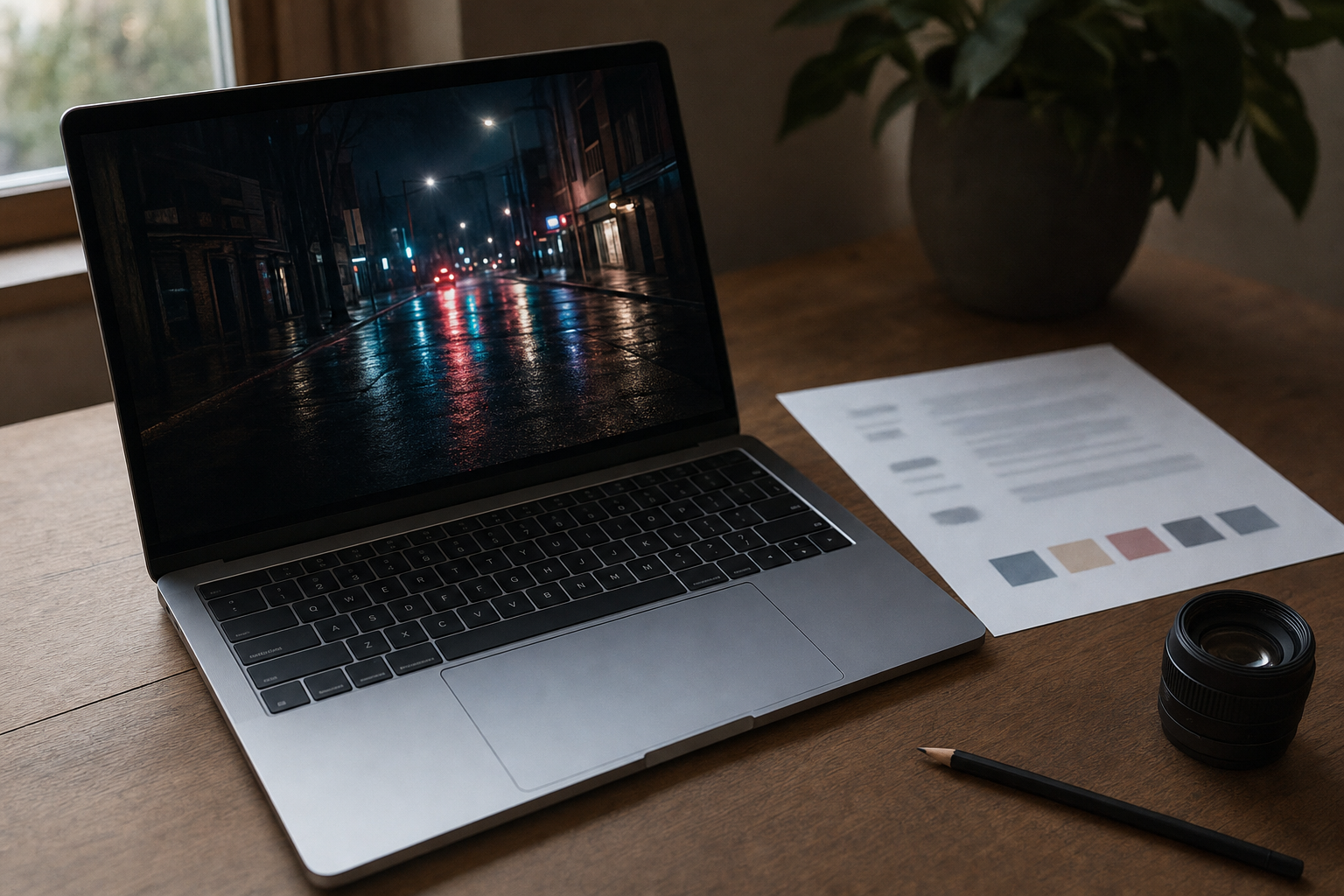 A laptop showing a moody night reference image beside a short creative brief, suggesting turning a visual reference into an image prompt and style direction.