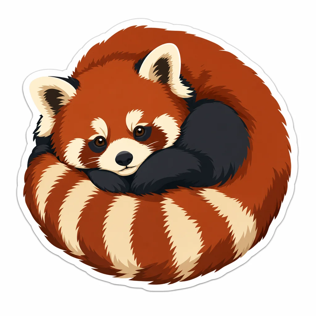 A curled red panda sticker in rust, cream and charcoal with a clean white die-cut margin.