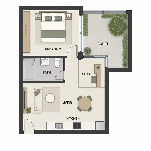 Unmeasured one-bedroom courtyard flat with study and open living kitchen.