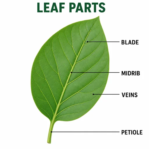 Leaf diagram with BLADE, MIDRIB, VEINS and PETIOLE labels and corresponding leaders.