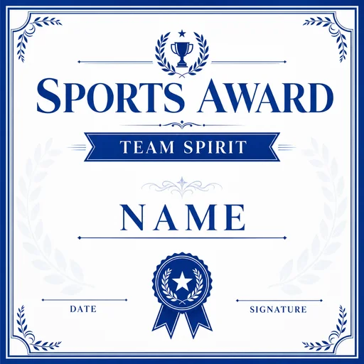 Cobalt and white SPORTS AWARD certificate with TEAM SPIRIT and blank name, date and signature areas.