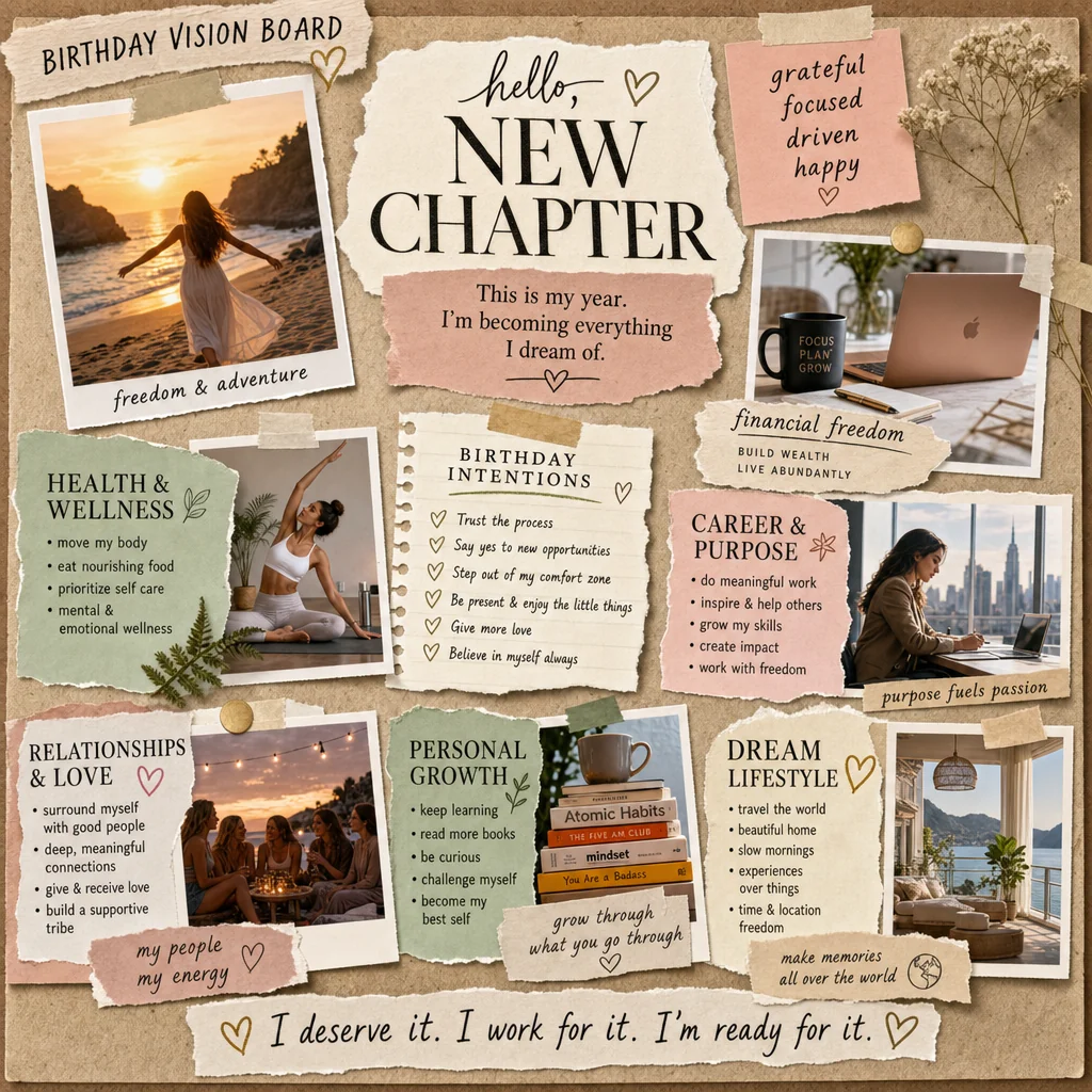 Birthday vision board with a new-chapter heading and life goals.