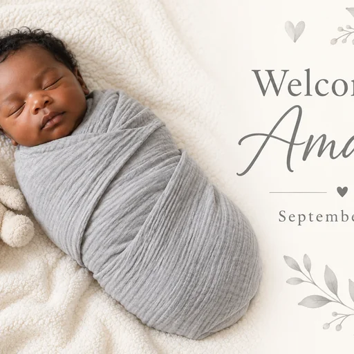 Gray and ivory baby announcement with a sleeping baby in a gray swaddle, plush rabbit, and Welcome, Amara — September 2026.