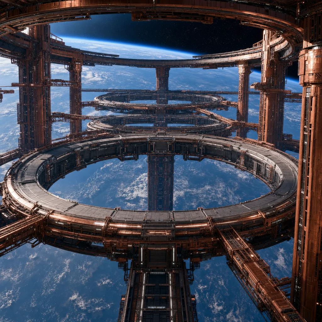 Empty orbital docking rings and copper service gantries above a blue planet.