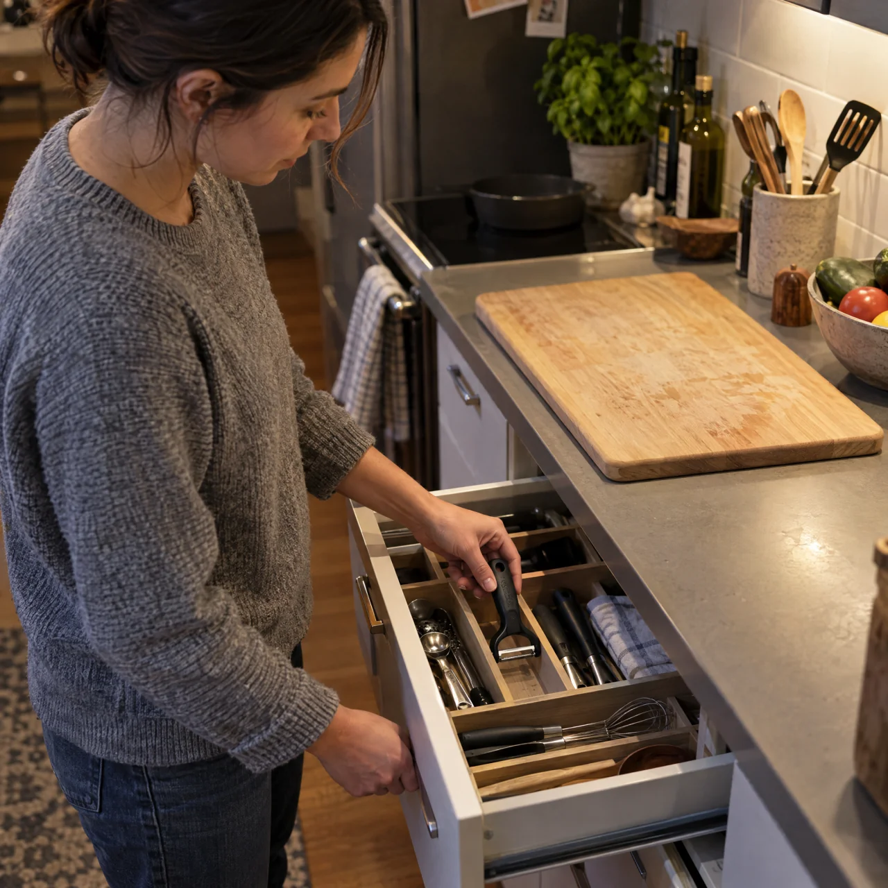 An adult returns a clean vegetable peeler to a prep drawer beneath a clear counter and cutting board in a small kitchen.
