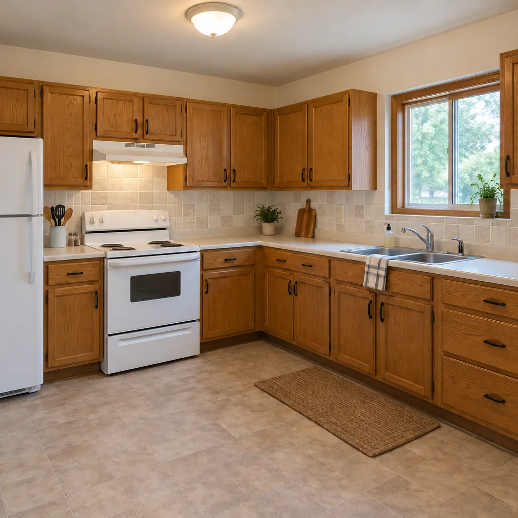 Kitchen with pale stone-look square backsplash tiles, oak cabinets and cream counters.