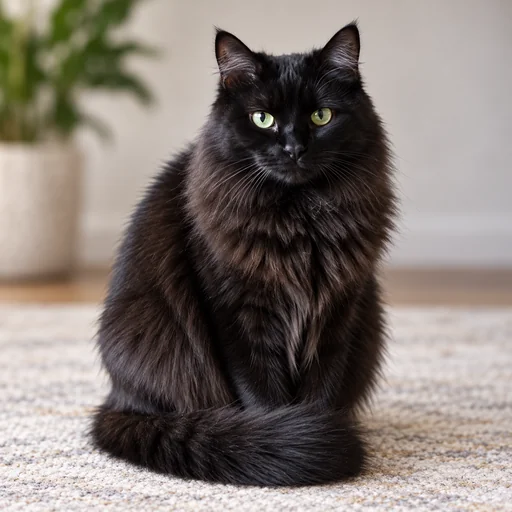 A long-haired black cat with green eyes sits with its tail curled around its paws on a pale rug.