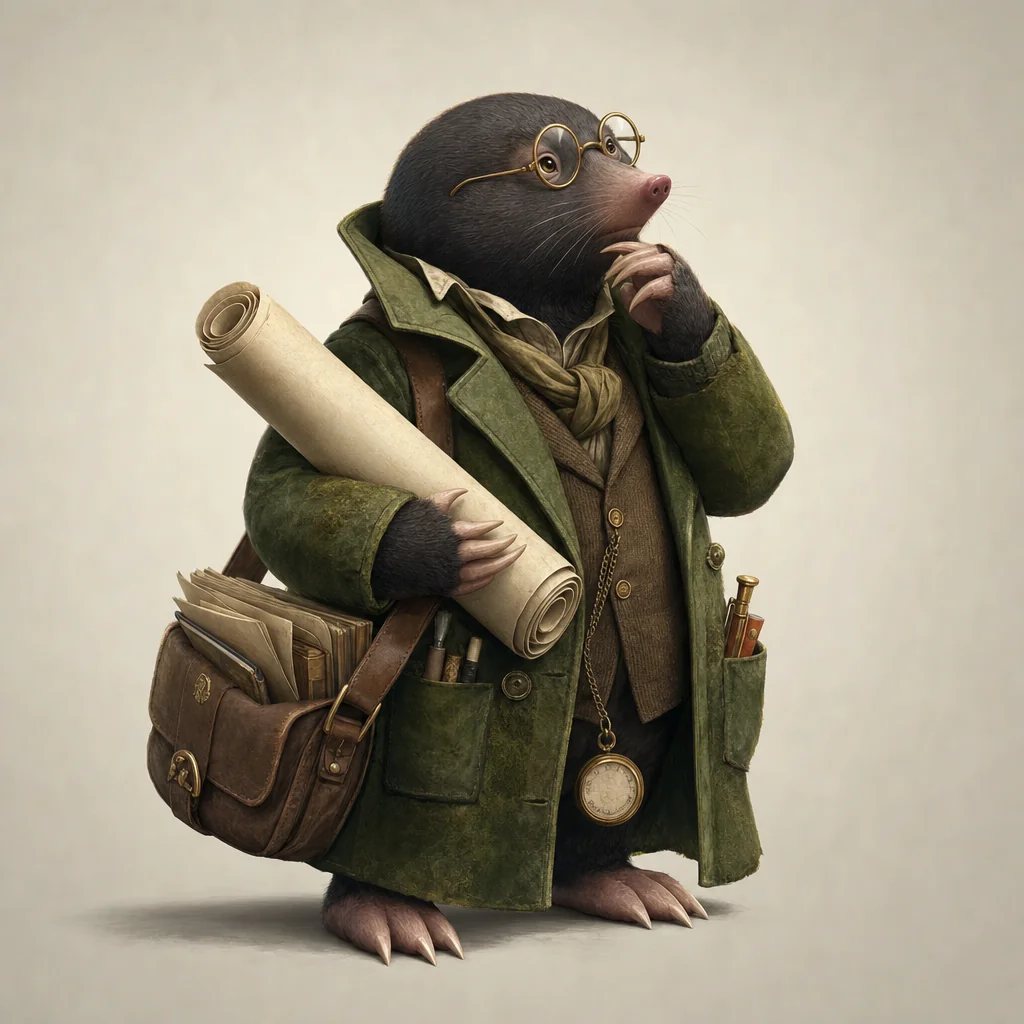 Thoughtful mole archivist in a moss coat with round glasses and a blank parchment roll.