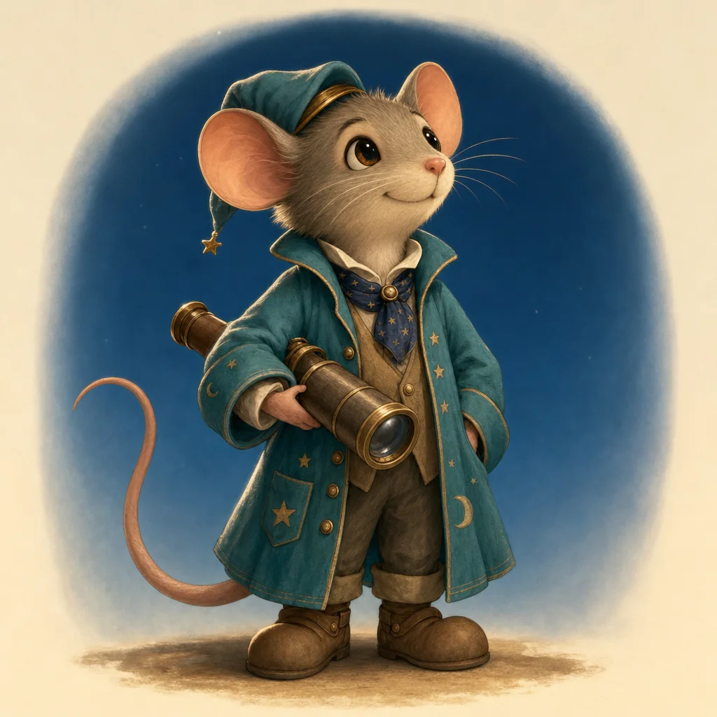 A cheerful mouse astronomer in a teal coat and round boots carries a small telescope under one arm.