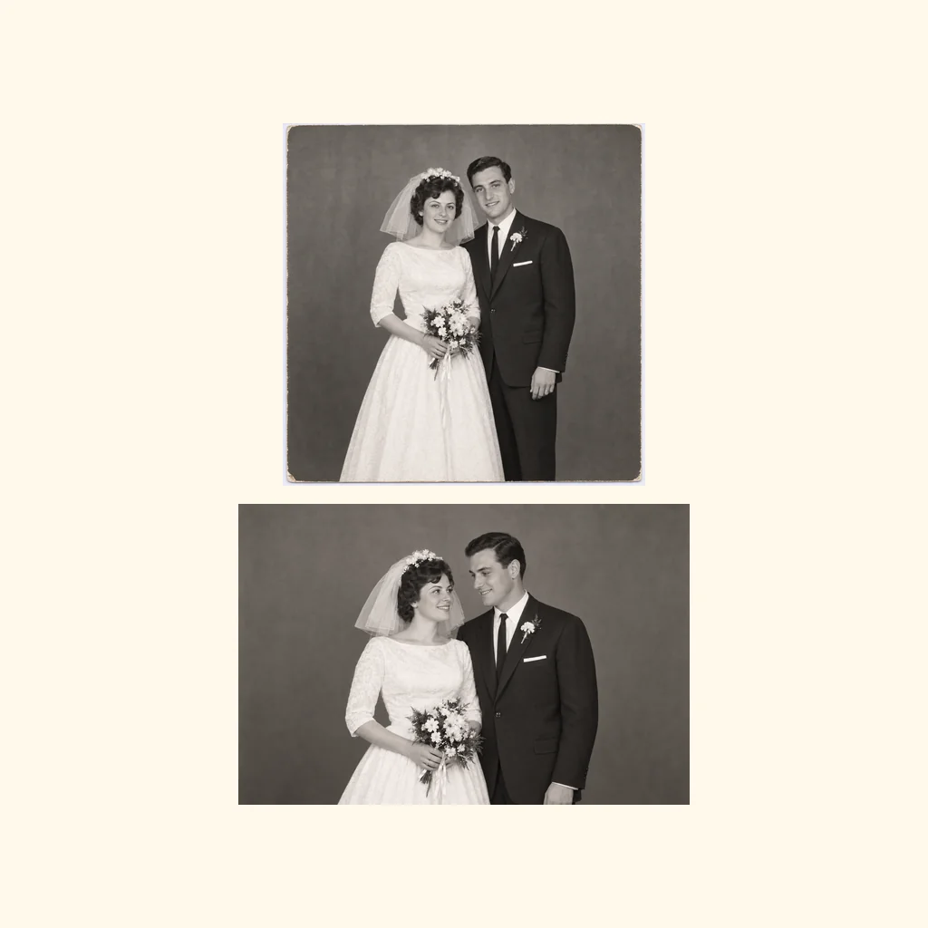 Two complete wedding photos stacked vertically in their original order, preserving both full images.