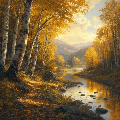 Golden autumn birches line a calm creek, with fallen leaves in the foreground and hazy hills beyond.