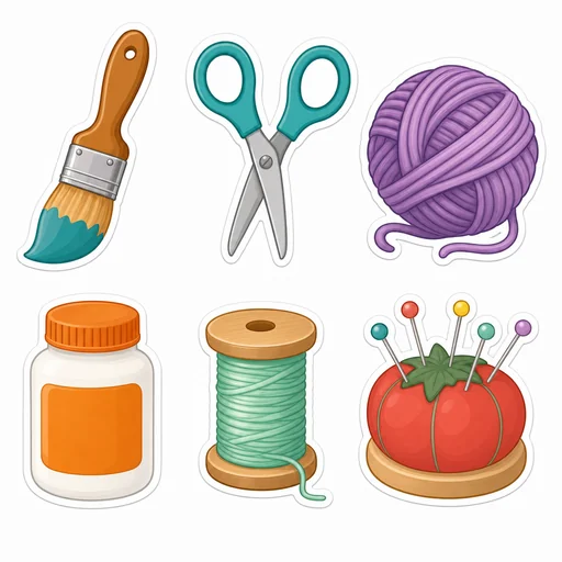 Six craft stickers show a paintbrush, scissors, yarn ball, glue jar, spool and pincushion on white.