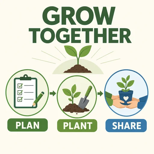 Grow Together infographic showing Plan, Plant and Share.