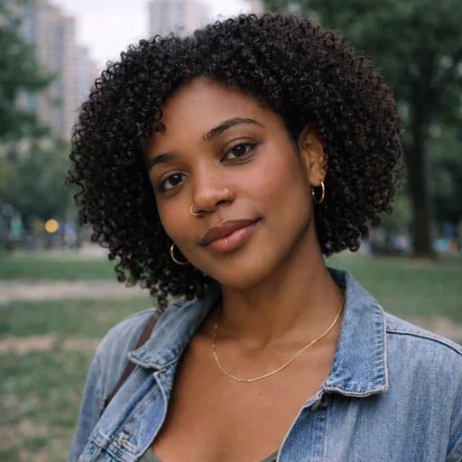 A woman with curly hair and a denim jacket wears warm, understated everyday makeup outdoors.