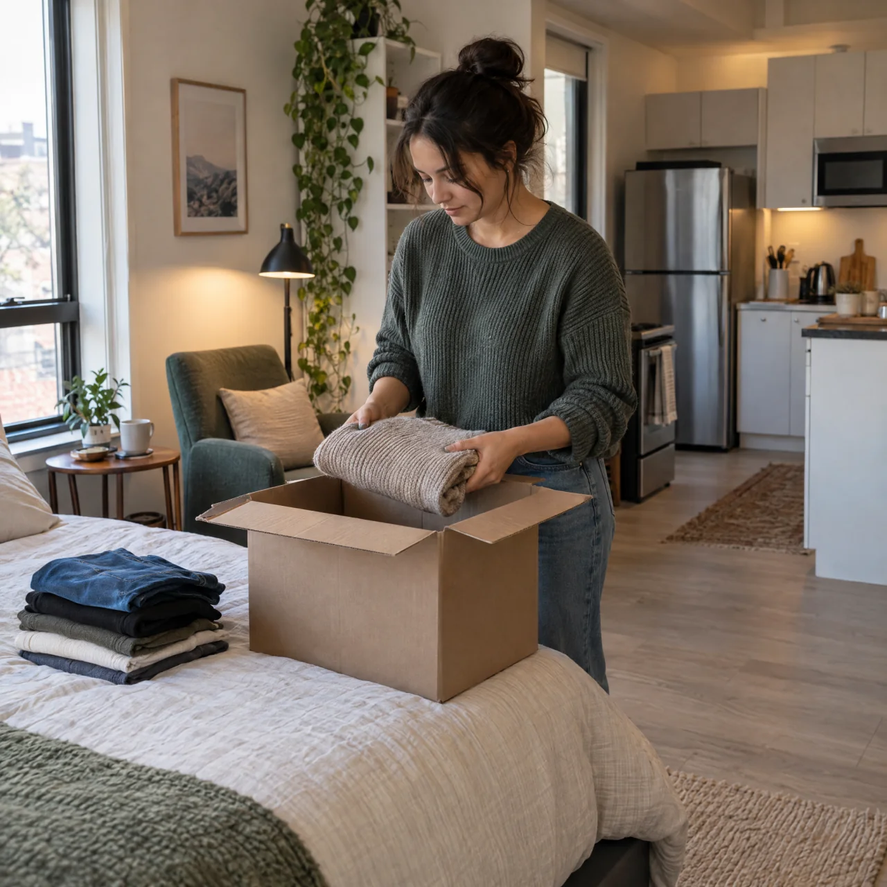 A resident places a folded sweater into a box on the bed in a compact studio, with a small stack of clothes nearby and a clear path past an armchair to the kitchenette.