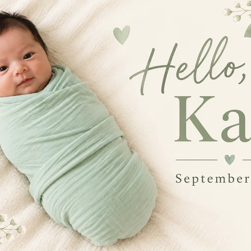 Mint and cream baby announcement with a baby in a mint swaddle and Hello, Kai — September 2026 surrounded by small leaves and hearts.