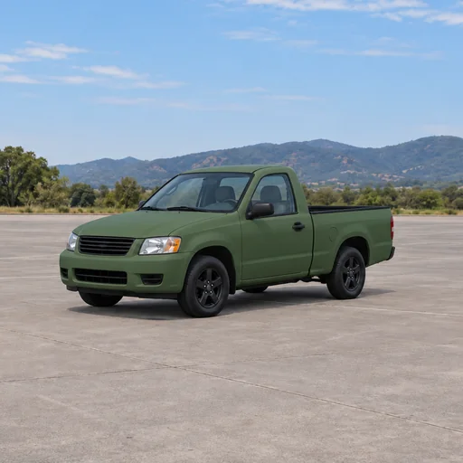 Compact pickup truck with a matte green wrap and black wheels in a concrete parking lot below wooded hills.
