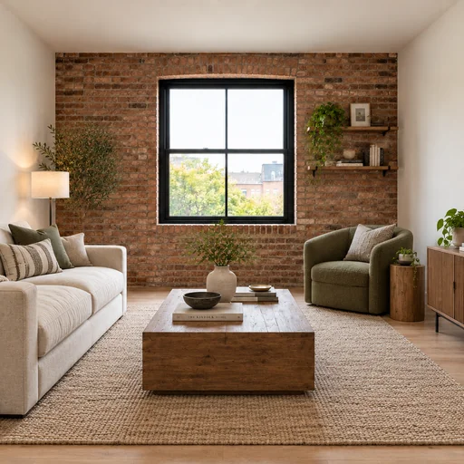 Brick-accent living room staged with a cream sofa, olive armchair, wood coffee table, sideboard, rug and plants.