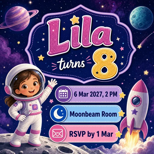 Space birthday invitation for Lila turning eight.