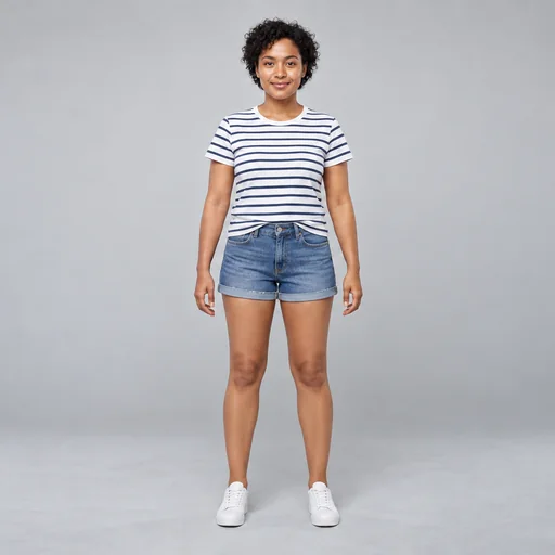 A woman with short dark curls wears a navy-striped white shirt, denim shorts and white sneakers against a gray studio backdrop.
