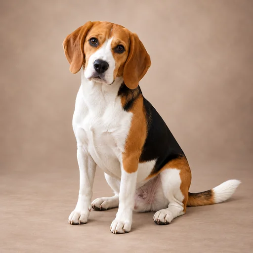 A tricolor beagle sits with its head tilted against a softly lit tan studio backdrop.