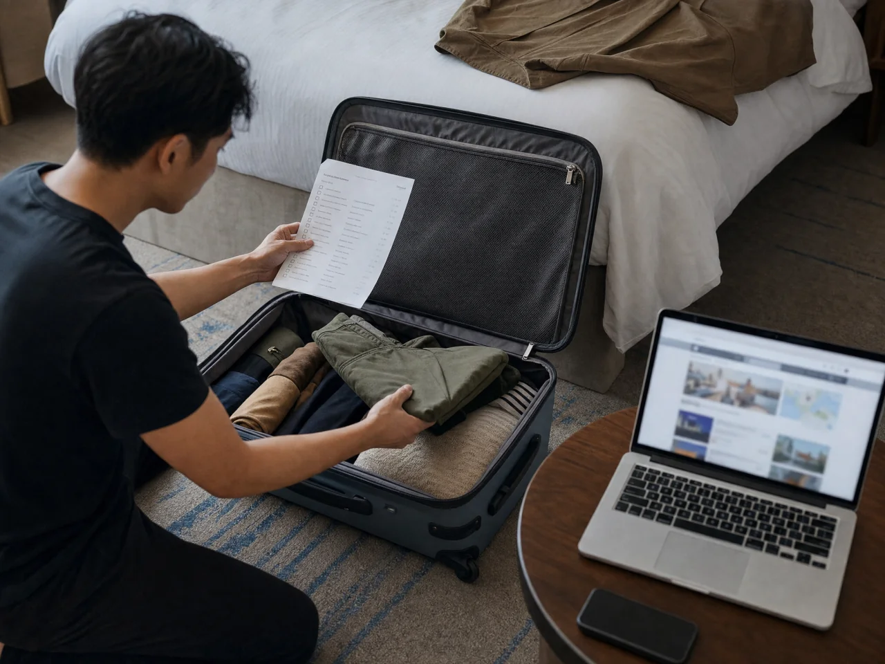 Traveler packing a suitcase next to a printed checklist and a laptop with booking tabs blurred