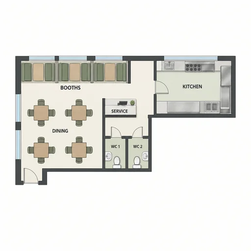 Source 1 for Restaurant floor plan: l shaped family restaurant.