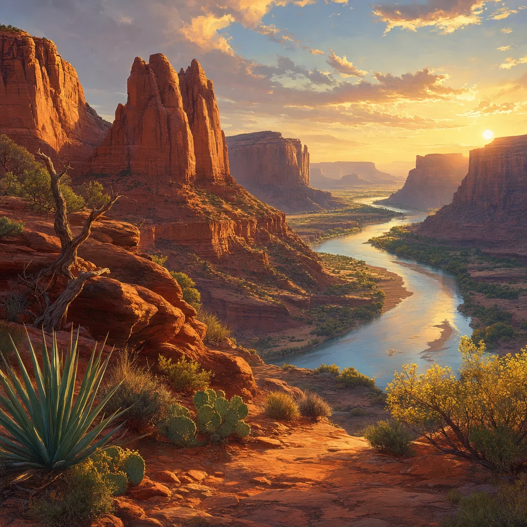 A river winds through red sandstone canyon walls in golden afternoon light, with desert plants in the foreground.