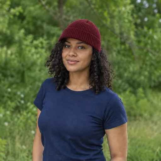 A woman with dark curly hair wears a burgundy knitted beanie and navy T-shirt outdoors.